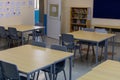 Empty classroom in a school or college closed during COVID-19 Coronavirus. No one in the room for education or learning