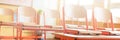 Empty classroom with school desks, chairs and blackboard. Education concept. Royalty Free Stock Photo
