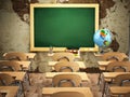 Empty Classroom With School Desks, Chairs And Chalkboard.