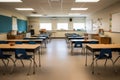 empty classroom, with student desks and chairs in their place, ready for the school year