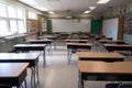 empty classroom, with student desks and chairs in their place, ready for the school year