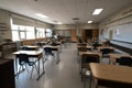 empty classroom, with student desks and chairs in their place, ready for the school year