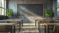 Empty Classroom with Sunlight Casting Shadows on Desks and a Chalkboard Royalty Free Stock Photo
