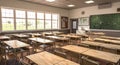 Empty classroom with the sunlight shining through the windows