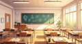 Empty classroom with sunlight streaming through windows and chalkboard Royalty Free Stock Photo