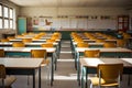 Empty classroom with tables and chairs with big window Royalty Free Stock Photo