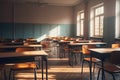 Empty classroom with tables and chairs with big window Royalty Free Stock Photo