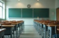 Empty classroom with tables chairs chalkboard, window. Blurred background. University school interior, education concept. Royalty Free Stock Photo