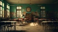 An empty classroom with tables and chairs. Generative AI image. Royalty Free Stock Photo