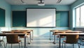 Empty classroom with tables and chairs. Projector screen on wall with green chalkboards. Natural light streams through window Royalty Free Stock Photo