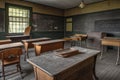 empty classroom, with vintage desks and chalkboards for a classic look