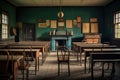 Empty classroom with vintage style wooden desks and chairs, back to school. Generative ai Royalty Free Stock Photo