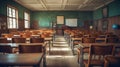 Empty classroom, vintage wooden interior with lecture chairs and desks Royalty Free Stock Photo