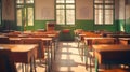 Empty classroom, vintage wooden interior with lecture chairs and desks Royalty Free Stock Photo