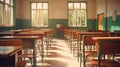 Empty classroom, vintage wooden interior with lecture chairs and desks Royalty Free Stock Photo