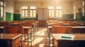 Empty classroom, vintage wooden interior with lecture chairs and desks Royalty Free Stock Photo