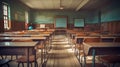 Empty classroom, vintage wooden interior with lecture chairs and desks Royalty Free Stock Photo