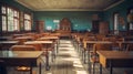 Empty classroom, vintage wooden interior with lecture chairs and desks Royalty Free Stock Photo