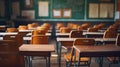 Empty classroom, vintage wooden interior with lecture chairs and desks Royalty Free Stock Photo