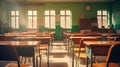 Empty classroom, vintage wooden interior with lecture chairs and desks Royalty Free Stock Photo