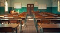 Empty classroom, vintage wooden interior with lecture chairs and desks Royalty Free Stock Photo