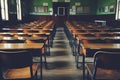 Empty classroom with wooden desks and chairs. Generative AI image. Royalty Free Stock Photo