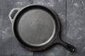 Empty, clean black cast iron pan or dutch oven top view from above on black table Royalty Free Stock Photo