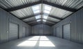 An empty, clean storage unit interior with metal walls, rolling doors, and natural light from skylights. Royalty Free Stock Photo