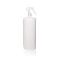 Empty, clean white plastic containers. Cylindrical bottle with minitrigger, atomiser sprays and pump dispenser - photographic mock