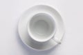 Empty clear coffee cup on saucer against white background, top view Royalty Free Stock Photo