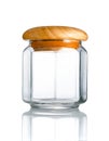 Empty clear glass jar, wood cap in front view, and reflection isolated on white background, Suitable for Mock up creative graphic Royalty Free Stock Photo