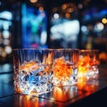 empty clear glasses with ice cubes sparkle with colored lights of the restaurant with beautiful reflections on the glass against Royalty Free Stock Photo