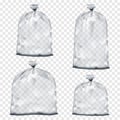 Empty clear tied plastic bag. Different sizes vector mockup set. Transparent pouch, package, trash liner mock-up Royalty Free Stock Photo