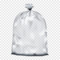 Empty clear tied plastic bag on transparent background realistic vector mockup. Packaging pouch, package. Trash liner mock-up Royalty Free Stock Photo