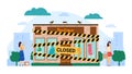 Empty closed bankrupted boutique vector illustration, cartoon flat store building with yellow black bankrupt closing