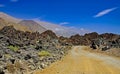 Empty coast sand dirt road track between rocks and mountains in wild dry arid desert landscape - Pan de Azucar, Chile Royalty Free Stock Photo