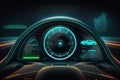 Empty cockpit of vehicle, hud(Head Up Display) and digital speedometer. autonomous car.