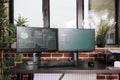 Empty coding room with multiple monitors on desk, Royalty Free Stock Photo