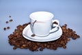 Empty coffee cup with its plate on a pile of coffee beans Royalty Free Stock Photo