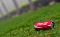 An empty coke can on lush green grass