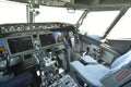 Empty cokpit plane, fly-deck of modern airplane Boeing 737-8 Max.