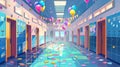 An empty college corridor interior with balloons, garlands on lockers, confetti, and academic hats scattered across a Royalty Free Stock Photo