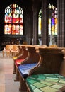 Empty colorful benches of church