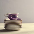 Empty colorful porcelain tableware. Violet cup with plates on lilac background. Toned Royalty Free Stock Photo