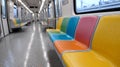Empty colorful seats inside a subway train car. Royalty Free Stock Photo