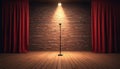 Empty comedy stage with brick wall backdrop, red curtains, wooden floor, and spotlight on microphone. Performance venue ready for Royalty Free Stock Photo