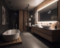 Empty comfortable bathroom with a big bathtub. Dark interior with light switched on. Generative AI Royalty Free Stock Photo