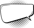 Empty comic speech bubble, outlined by a thick black border, rests over a halftone dotted background, creating a Royalty Free Stock Photo