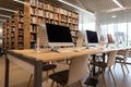 Empty computer room in the school library. Modern computers stand on a wooden table. Royalty Free Stock Photo