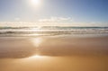 Bright Sun Rising Over Surf Waves Sand Background Royalty Free Stock Photo